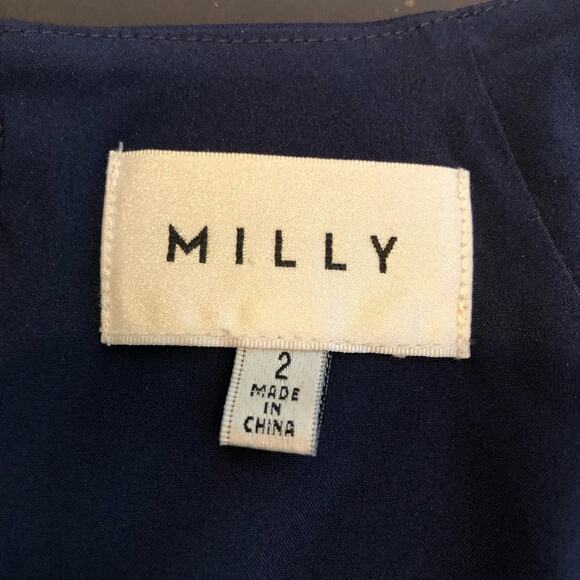 Milly navy blue puff shoulder v neck silk dress size 2 - Picture 8 of 16